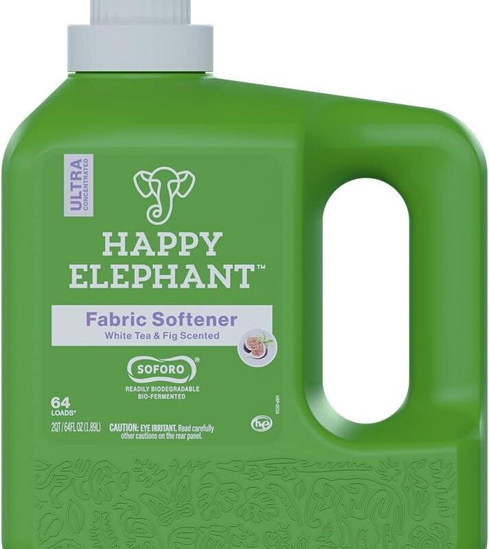 Happy Elephant Fabric Softener - Ultra Concentrated, Fabric Conditioner, Liquid Laundry Softener, Eco Friendly, Gentle, Fresh Linen, 64 Loads - White Tea and Fig (64 fl oz - Pack of 1)