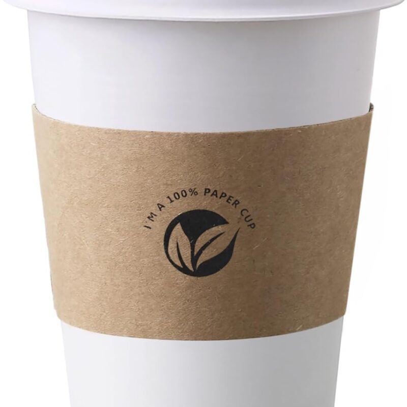 KTOB [50 pack] 12 oz Compostable Coffee Cups with Lids and Kraft Sleeves, Eco Friendly Disposable White Paper Cups Combo for Hot Beverage