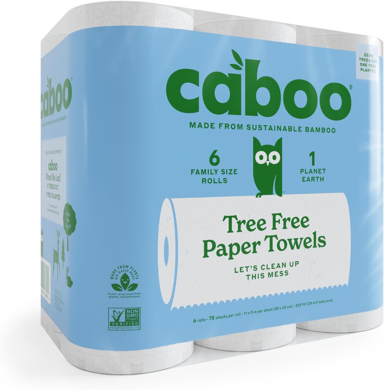 Caboo Tree Free Paper Towels, 6 Rolls, Eco Friendly, Earth Friendly, Sustainable Kitchen Paper Towels with Strong 2 Ply Sheets