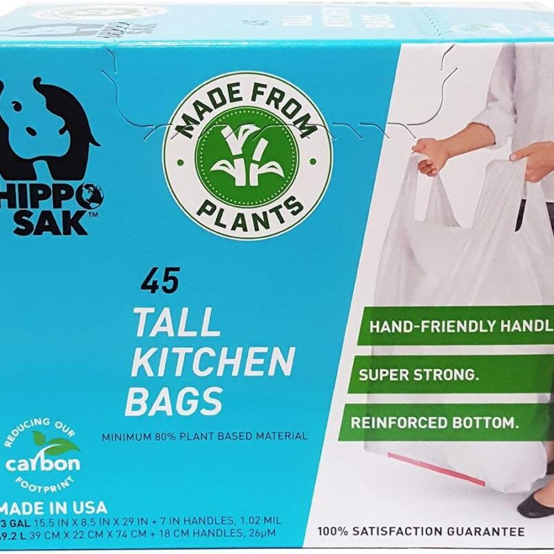Hippo Sak - Plant Based Tall Kitchen Garbage Bags with Ergonomic Handles - 13 Gallon Trash Bags - Recyclable & Eco Friendly - Super Strong and Leak Proof Tall Kitchen Trash Bags (45 Count)