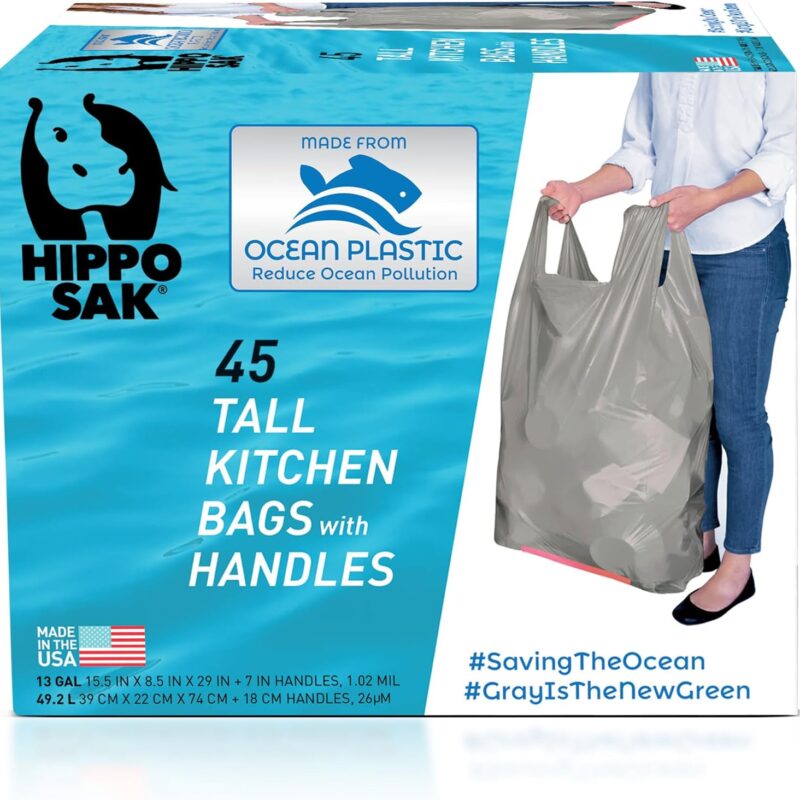 Hippo Sak - Tall Kitchen Garbage Bags with Ergonomic Handles - 13 Gallon Trash Bags Made from Recycled Ocean Bound Plastic - Super Strong and Leak Proof Tall Kitchen Trash Bags (45 Count)