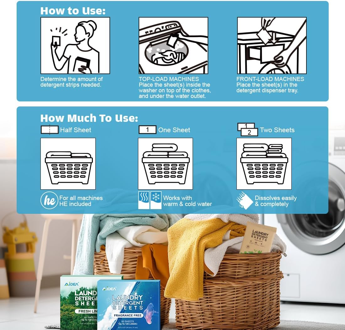 AIDEA Laundry Detergent Sheets, Laundry Sheets Detergent, Washer Sheets Detergent, No Plastic Jug, Laundry Soap Sheets For Travel, Home Washing, Fresh Scent-(160 Loads) 80 Sheets - Image 2