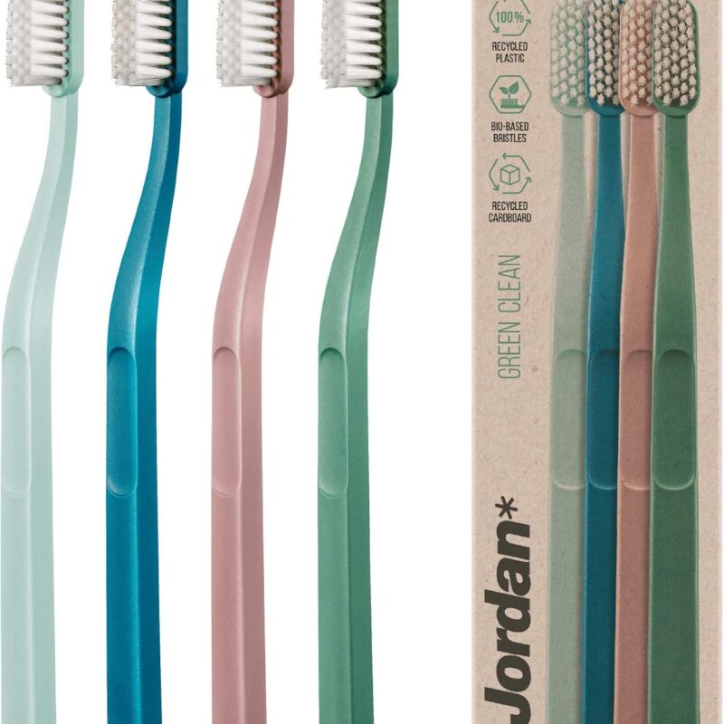 Jordan Green Clean Manual Toothbrush - Sustainable, Eco-Friendly Scandinavian Design, Soft Bristles, Mixed Colors, 4 Units