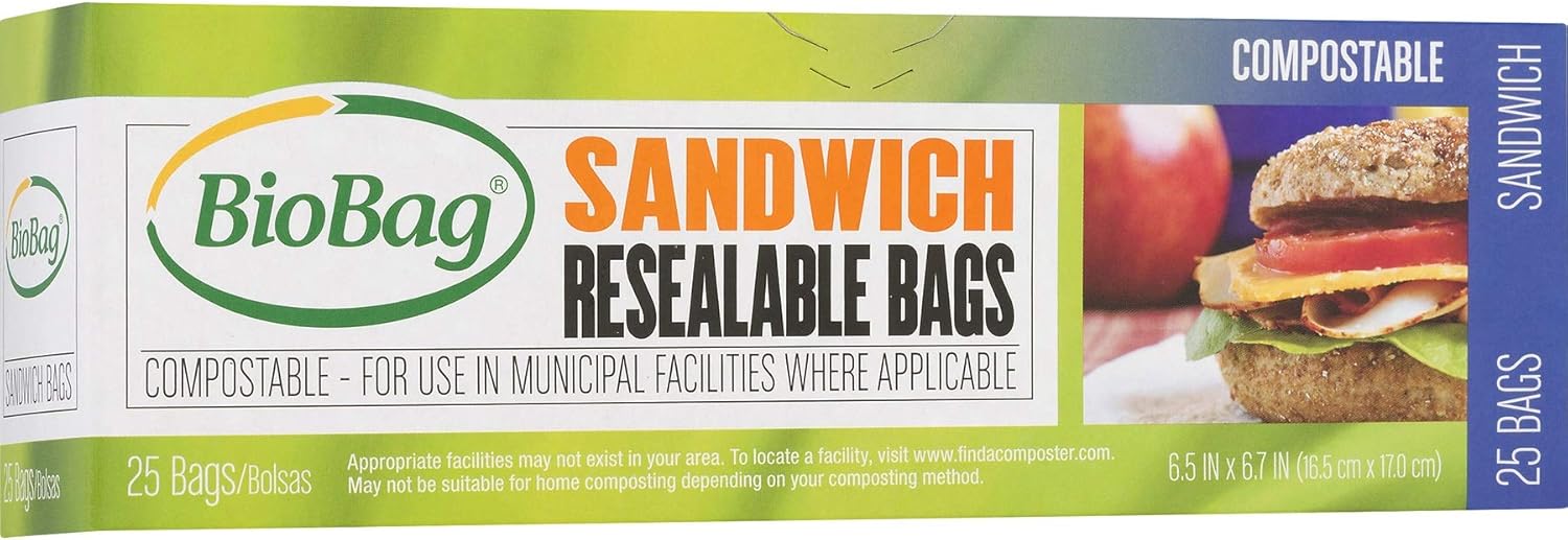 BioBag 100% Certified Compostable Resealable Sandwich Bags, 25 Count, Perfect for Lunches, Snacks, and On The Go Green