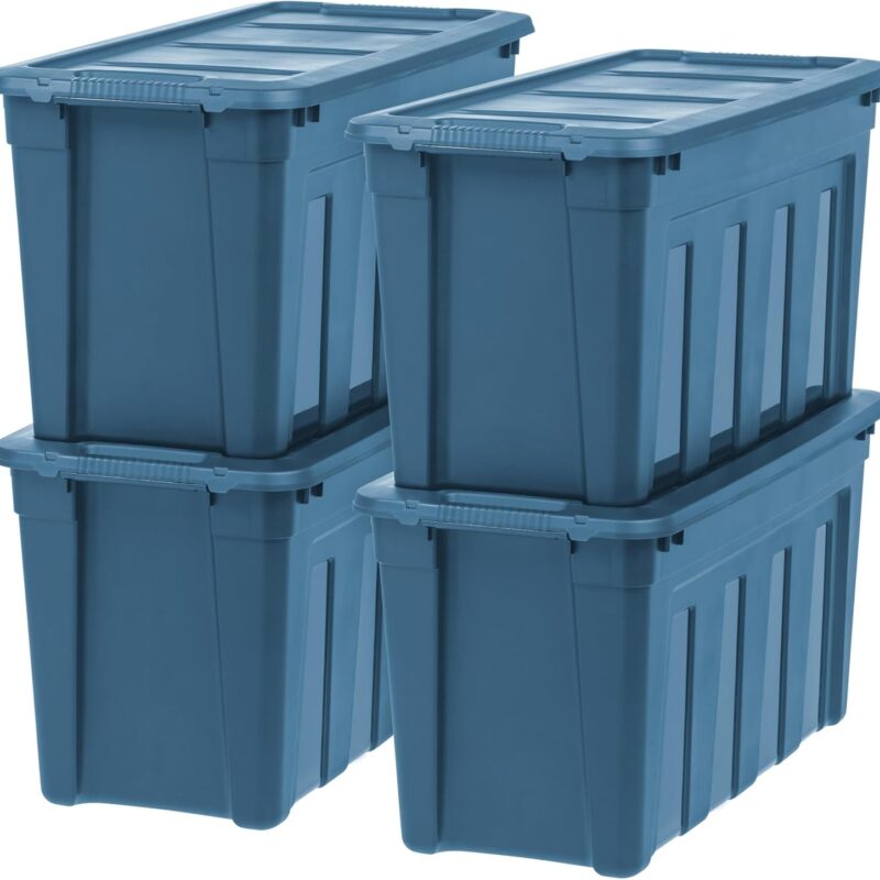 IRIS USA 31 Gallon Eco-Friendly Heavy Duty Totes for Storage with Easy-Grip Handles, 4 Pack - Made in USA, Storage Bins with Lids, Durable Stackable Utility Containers, Large Garage Organizing - Navy