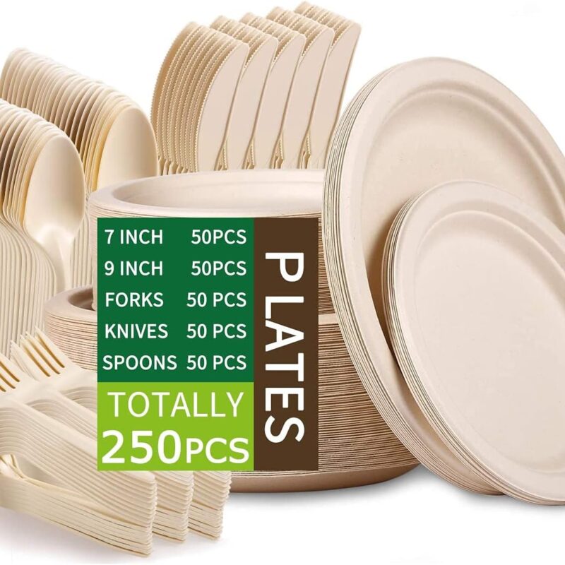 Jeopace Heavy Duty Paper Plates Set for Dinner,Disposable Paper Plates Set Eco Friendly,Sugarcane Bagasse 9 Inch and 7 Inch Party Plates,Forks,Knives and Spoons Set for 50 People [250 PCS]