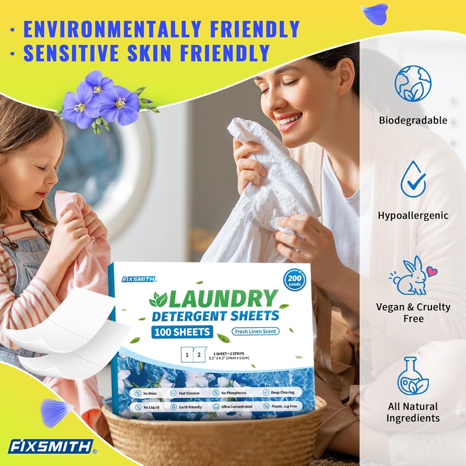 FIXSMITH Laundry Detergent Sheets - 200 Loads (100 Sheets) Fresh Linen Scent - Hypoallergenic,Eco Friendly Laundry Detergent Strips Ultra-Concentrated Travel Detergent Sheets.Plastic-Free,Liquidless - Image 7