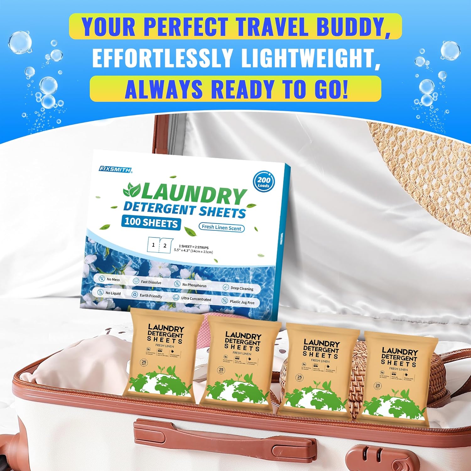 FIXSMITH Laundry Detergent Sheets - 200 Loads (100 Sheets) Fresh Linen Scent - Hypoallergenic,Eco Friendly Laundry Detergent Strips Ultra-Concentrated Travel Detergent Sheets.Plastic-Free,Liquidless - Image 2
