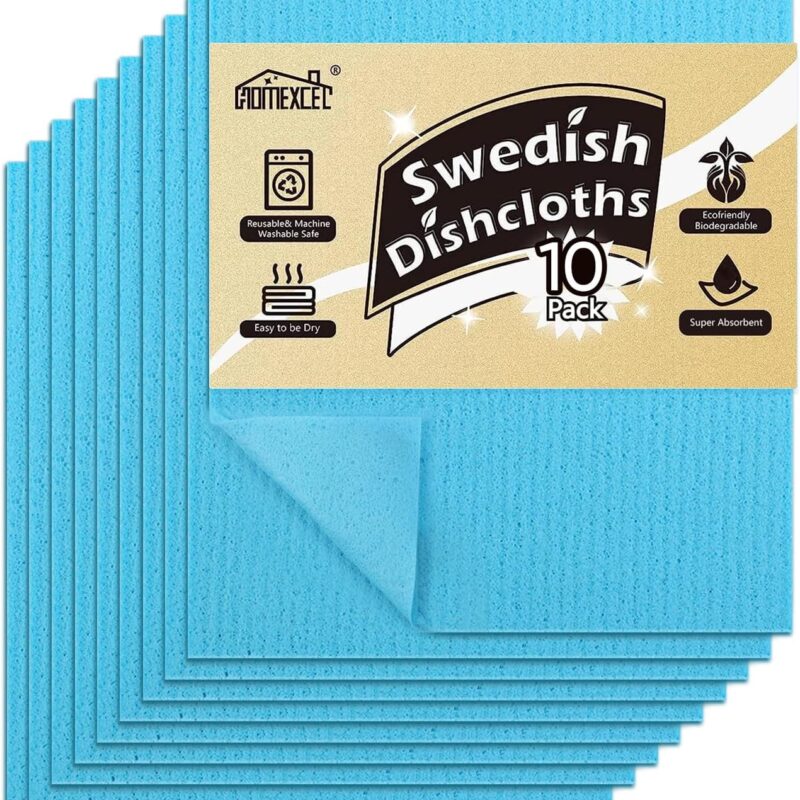HOMEXCEL 10 Pack Swedish DishCloths for Kitchen, Reusable Sponge Cloth, Eco Friendly Paper Towels & Washing Dishes, Highly Absorbent, Blue