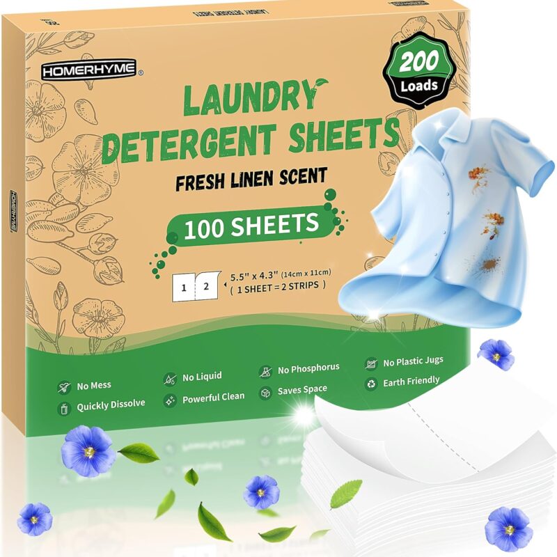 HOMERHYME Laundry Detergent Sheets - Fresh Linen Scent 200 Loads (100 Sheets),Plastic Free,Laundry Detergent Strips for Travel,Dorms, Home,Apartments,Liquidless Technology,Eco Friendly& Hypoallergenic