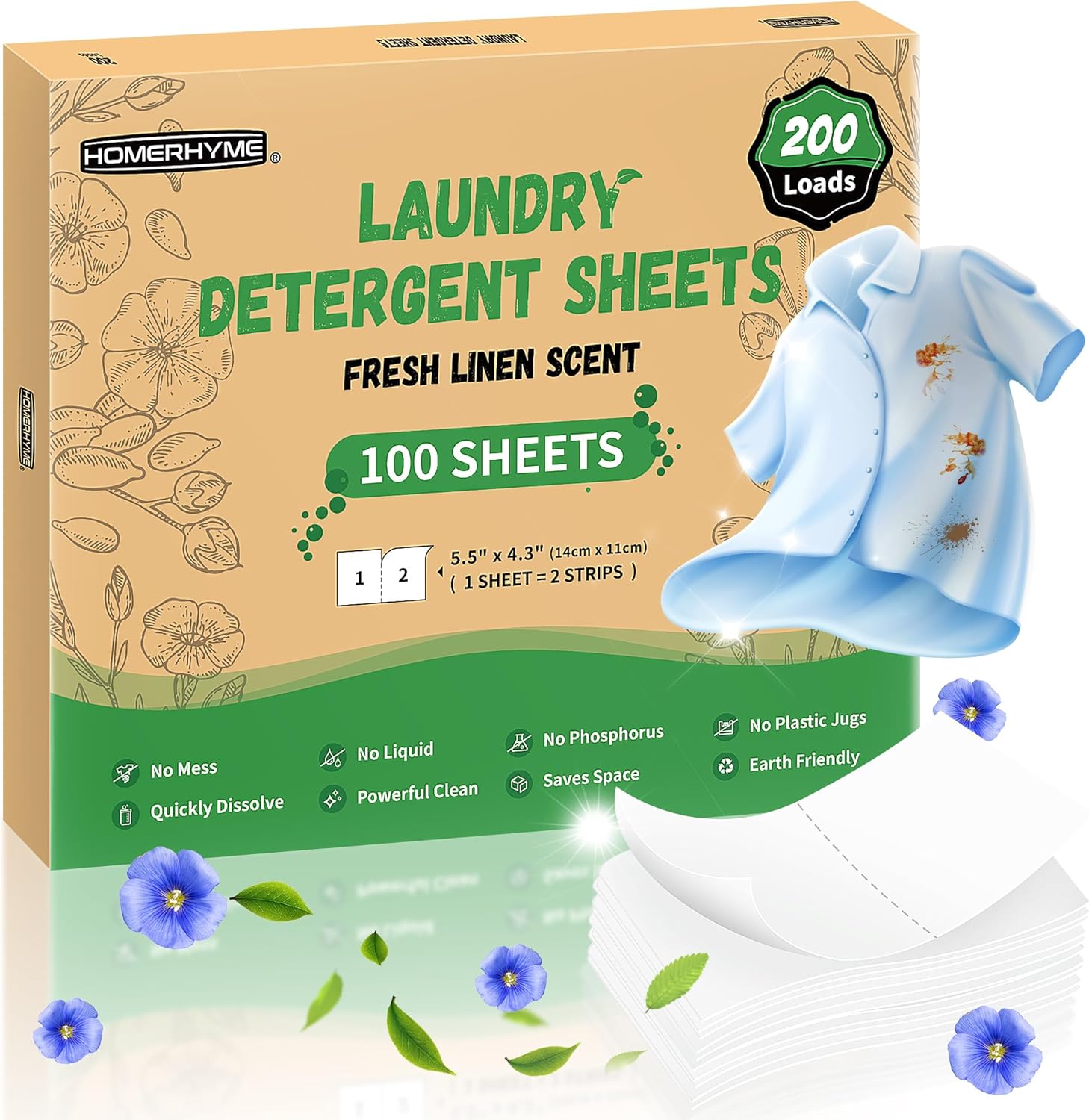 HOMERHYME Laundry Detergent Sheets - Fresh Linen Scent 200 Loads (100 Sheets),Plastic Free,Laundry Detergent Strips for Travel,Dorms, Home,Apartments,Liquidless Technology,Eco Friendly& Hypoallergenic