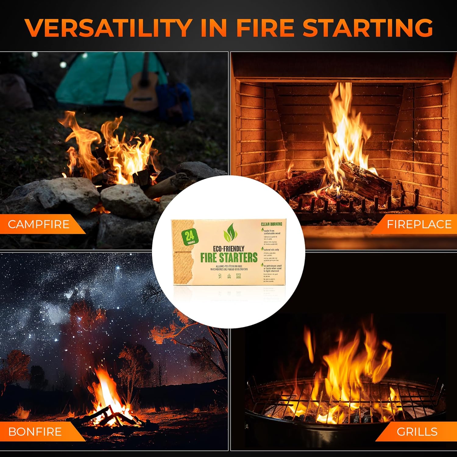 Eco-Friendly Fire Starter - Natural Pine Fire Starter for Campfires, Fireplace, Outdoor Fire Pit, and Grill - 24 Squares - Firestarter for Outdoor fire, Grill, Wood Stove, BBQ with 10 min Burn time… - Image 2