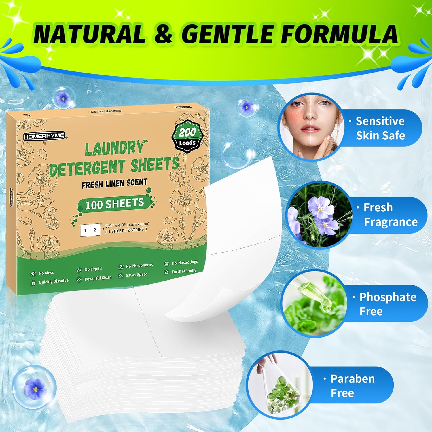 HOMERHYME Laundry Detergent Sheets - Fresh Linen Scent 200 Loads (100 Sheets),Plastic Free,Laundry Detergent Strips for Travel,Dorms, Home,Apartments,Liquidless Technology,Eco Friendly& Hypoallergenic - Image 3