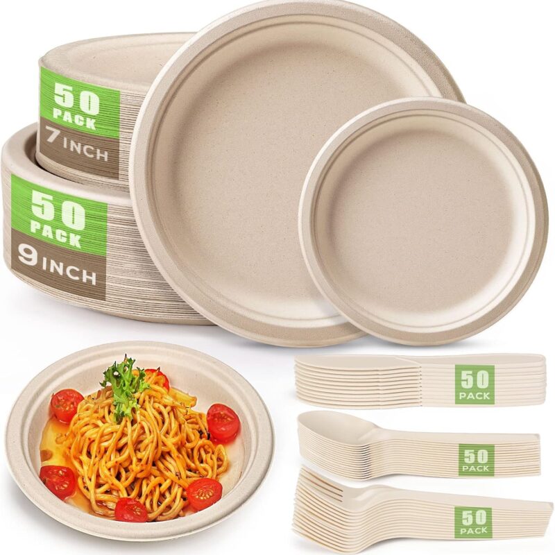 Gezond 250Pcs Disposable Paper Plates Set, Compostable Plate Sugarcane Utensils Eco Friendly Dinnerware Kit Includes 50 Biodegradable Plates, Forks, Knives and Spoons for Brithday Party Camping