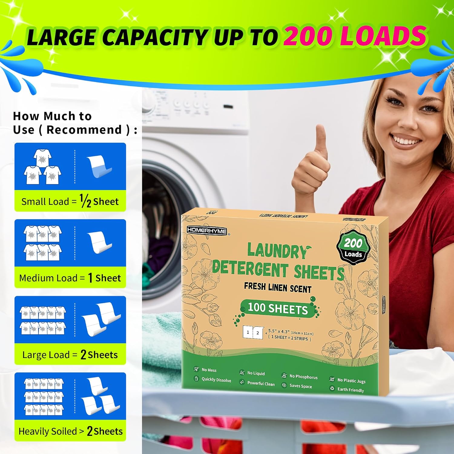 HOMERHYME Laundry Detergent Sheets - Fresh Linen Scent 200 Loads (100 Sheets),Plastic Free,Laundry Detergent Strips for Travel,Dorms, Home,Apartments,Liquidless Technology,Eco Friendly& Hypoallergenic - Image 4