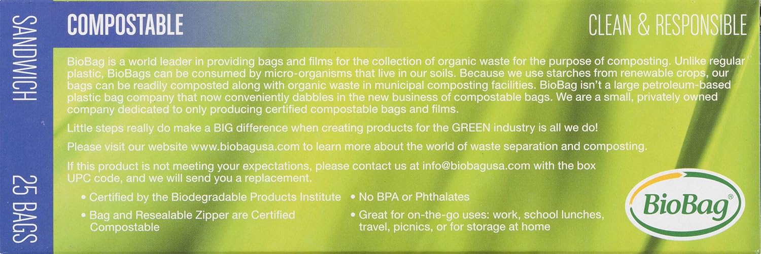 BioBag 100% Certified Compostable Resealable Sandwich Bags, 25 Count, Perfect for Lunches, Snacks, and On The Go Green - Image 2