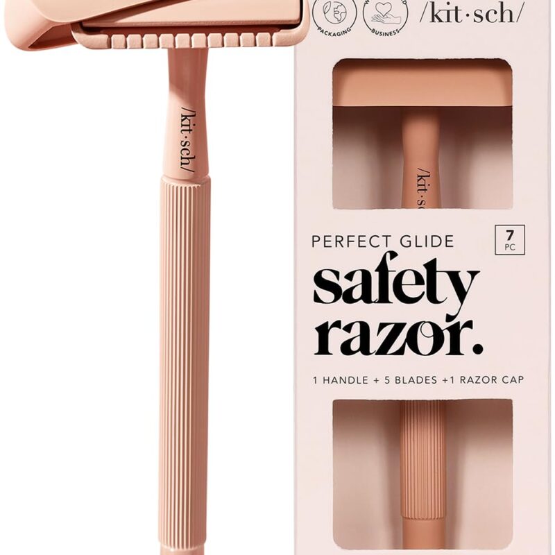 Kitsch Double Edge Safety Razor Kit for Women & Men, Long Metal Handle & Stainless Steel Single Blade, Razors for Women with 5 Double Edge Razor Blades Refills, Travel Reusable Razor for Shaving, 1 Pc