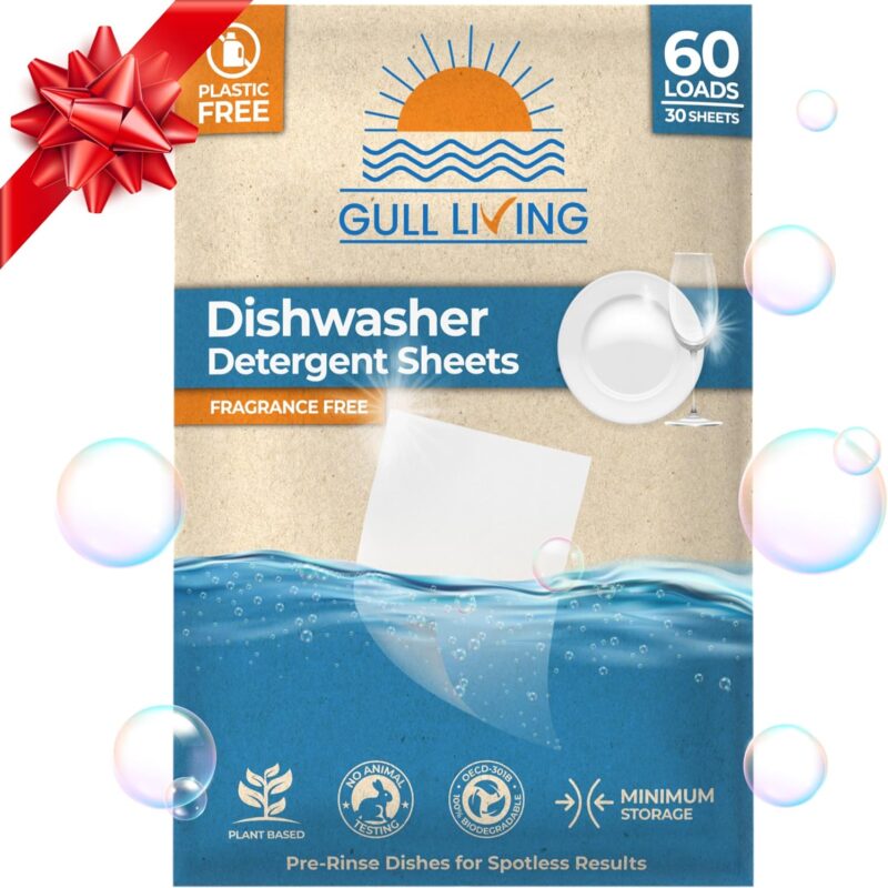Gull Living Eco-Friendly Detergent Dishwasher Sheets - Say No to Pods & Tablets - Non-Toxic, Plastic-Free - Alternative to Dishwasher Soap, Travel Dishwasher Detergent - Detergente en laminas