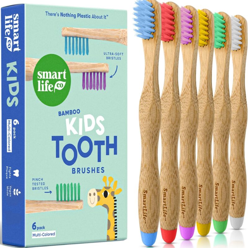 Kids Bamboo Toothbrushes (6 Pack) - Extra Soft Bristles For Toddlers Teeth | Zero Waste Biodegradable Tooth Brushes For Children | Natural Wooden Child Size Handle | BPA Free, Eco-Friendly Compostable
