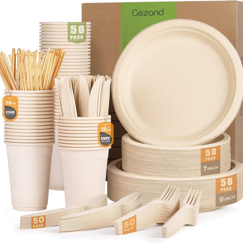 Gezond 350pcs Compostable Paper Plates Set Eco-friendly Heavy-duty Disposable Paper Plates Cutlery Includes Eco-friendly Plates, Forks, Knives, Spoons, Cups and Straws for Wedding Party, 50 Guests