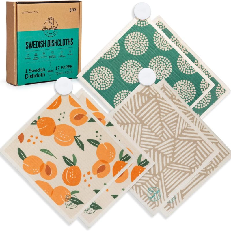 Harps&Seb Swedish Dishcloths for Kitchen Dish Towels - 6 Pack, Reusable Paper Towels with Clips, Super Absorbent Washable Non-Scratch Swedish Dish Towels, No Odor, Biodegradable