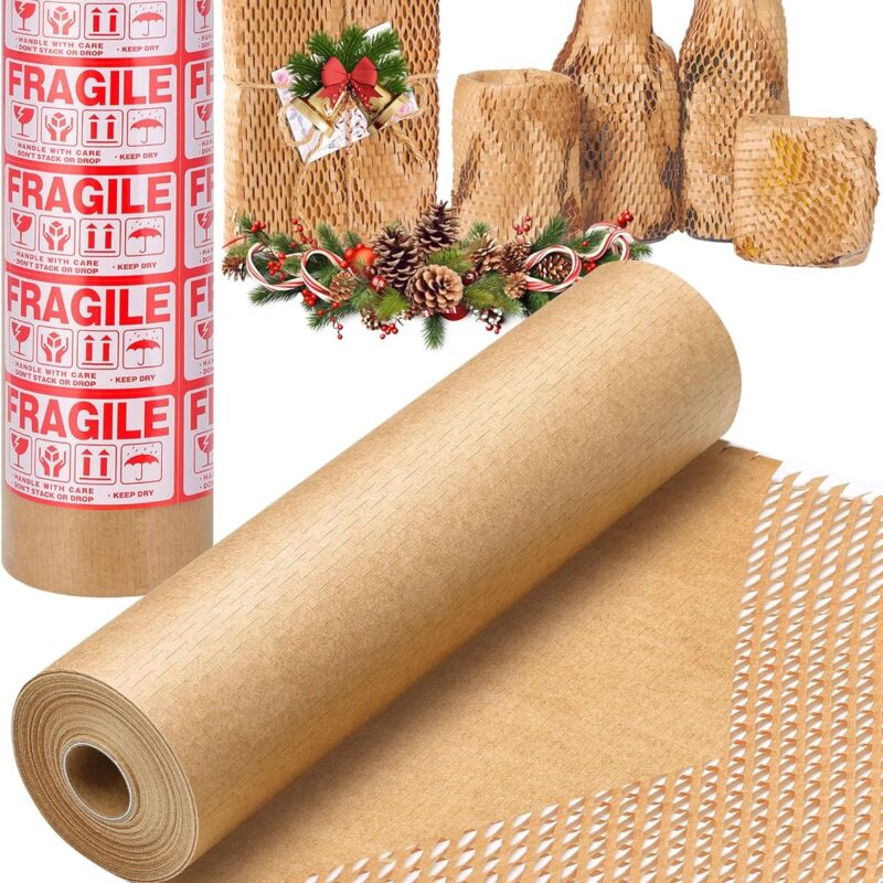 Honeycomb Packing Paper, 12" x 400" （34ft） Eco-Friendly Packing Paper, Cushion Packing Paper, Used for Moving and Protecting Mobile Supplies, Can Replace Plastic, with 12 Fragile Stickers